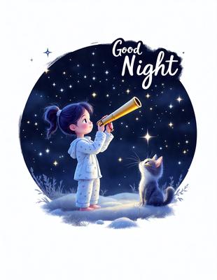 The primary subject of the image is a young girl wearing pajamas, holding a telescope, and looking up at the night sky. She is standing on a snow-covered ground, which serves as the setting for the scene. The visual style of the image is a digital art or illustration, with a focus on the girl and the cat. The colors and mood of the image are predominantly dark and serene, with the girl and the cat being the main focus of the scene.