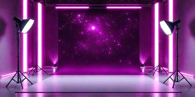 The primary subject of the image is a purple screen with a starry background. The screen is lit up, creating a visually striking scene. The setting appears to be a stage or a similar environment, with the screen serving as a backdrop for performances or presentations. The visual style of the image is a combination of digital art and illustration, with the purple screen and starry background creating a unique and eye-catching design. The colors and mood of the image are predominantly purple, which gives it a
