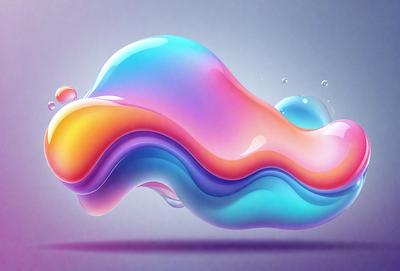 The primary subject of the image is a colorful, swirling, and flowing blob of liquid, which appears to be a mix of blue, pink, and yellow. The blob is situated on a surface, possibly a table or a counter, and it seems to be the main focus of the image. The setting or background consists of a plain, uncluttered surface, which allows the vibrant colors and flowing form of the liquid to stand out. The visual style of the image is a combination of digital art and