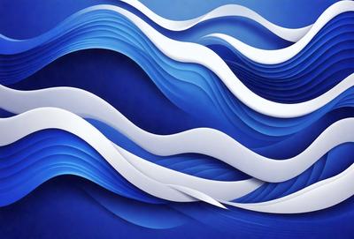 The primary subject of the image is a blue and white wave, which is the main focus of the scene. The setting is a blue background, and the visual style appears to be a combination of digital art and illustration. The dominant colors in the image are blue and white, creating a calm and serene atmosphere.