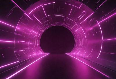 The primary subject of the image is a large, pink tunnel with a purple light illuminating it. The tunnel appears to be a futuristic, space-themed design. The setting is a dark room, and the visual style is a combination of digital art and illustration. The dominant colors in the image are pink and purple, creating a unique and futuristic atmosphere.