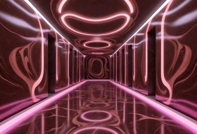 The primary subject of the image is a long, narrow hallway with a pink lighting effect. The setting is a dark room with a patterned floor, and the visual style appears to be a combination of a photo and digital art. The colors and mood of the scene are predominantly pink, creating a warm and inviting atmosphere.