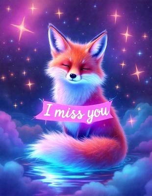 The primary subject of the image is a cute, colorful fox. The fox is sitting on a cloud, and it appears to be smiling. The setting is a space with a purple background, and the visual style is a digital art or illustration. The colors and mood of the image are bright, cheerful, and whimsical.