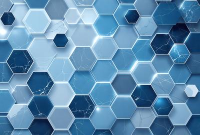 The primary subject of the image is a blue and white patterned surface, which appears to be a tile or a wall with a blue and white hexagonal pattern. The setting is a room with a blue and white tiled wall, and the visual style is a close-up of the tiled wall. The colors and mood of the image are predominantly blue and white, creating a clean and modern atmosphere.