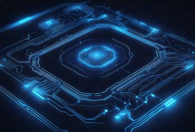 The primary subject of the image is a blue, glowing, computer circuit board. The setting is a dark background, which emphasizes the blue light emanating from the circuit board. The visual style is a digital art or illustration, as the circuit board appears to be a digital representation rather than a physical object. The colors and mood of the image are predominantly blue, creating a sense of technology and innovation.