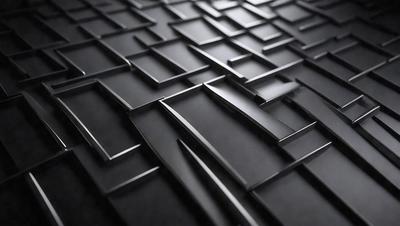 The primary subject of the image is a black and white patterned surface, which appears to be a tile or a wall with a unique design. The setting is a dark room, and the visual style is a close-up of the patterned surface. The colors and mood of the image are predominantly black and white, creating a sense of depth and contrast.