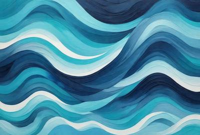 The primary subject of the image is a large, blue, and white wave. The wave is the main focus of the image, and it is set against a blue background. The visual style of the image is a painting, which gives it a more artistic and creative appearance. The dominant colors in the image are blue and white, creating a sense of calmness and tranquility.