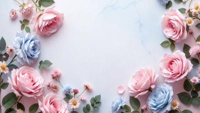 The primary subject of the image is a bouquet of pink and blue flowers. The flowers are arranged in a visually appealing manner, creating a sense of beauty and elegance. The setting is a white marble surface, which serves as a stunning backdrop for the flowers. The visual style of the image is a close-up of the flowers, allowing the viewer to appreciate the details and colors of the bouquet. The colors and mood of the image are predominantly pink and blue, evoking a sense