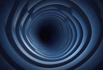The primary subject of the image is a large, dark tunnel with a blue background. The tunnel appears to be a part of a larger structure, possibly a space station or a subway system. The visual style of the image is a combination of photo and digital art, creating a unique and intriguing atmosphere. The dominant colors in the image are blue and black, which contribute to the overall mood of the scene.