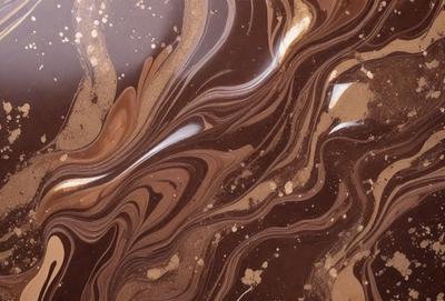 The primary subject of the image is a close-up of a marbled surface, which appears to be a piece of wood or a marble table. The setting is a room with a brown and gold color scheme. The visual style is a close-up of the marbled surface, showcasing its intricate patterns and textures. The colors and mood of the image are warm and inviting, with the brown and gold tones creating a sense of luxury and sophistication.