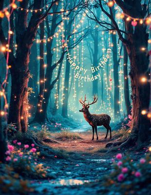 Primary subject: A deer with antlers standing in a forest.

Setting/background: The deer is standing in a forest with trees and lights in the background.

Visual style: The image is a digital art or illustration.

Colors and mood: The image has a blue and purple color scheme, creating a serene and magical atmosphere.