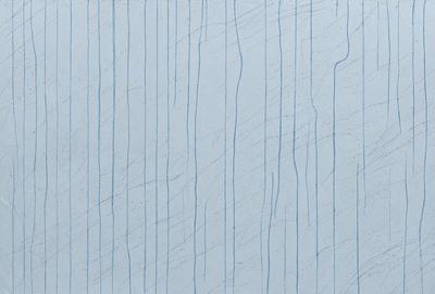 The primary subject of the image is a blue wall with a white stripe. The setting is a room with a blue and white striped wall. The visual style is a close-up of the wall, showcasing the blue and white stripes. The colors and mood of the image are predominantly blue and white, creating a calm and serene atmosphere.