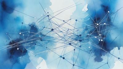The primary subject of the image is a blue and white painting of a network of interconnected lines. The setting is a white background, and the visual style is a digital art or illustration. The dominant colors are blue and white, creating a calm and serene atmosphere.