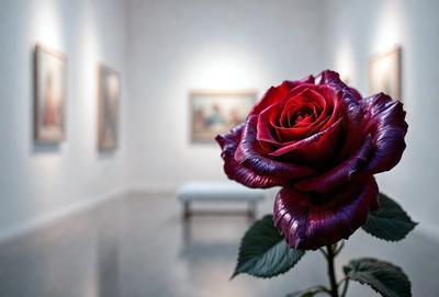 The primary subject of the image is a single red rose, which is placed in a vase. The setting is a room with a white wall, and the visual style appears to be a photo. The dominant colors in the image are red and white, creating a warm and elegant atmosphere.