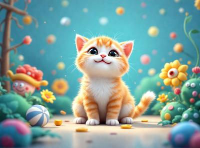 The primary subject of the image is a small orange and white kitten sitting on a wooden floor. The setting is a colorful and playful environment, with a variety of objects surrounding the kitten. These objects include a bowl, a ball, and a couple of cakes. The visual style of the image is a combination of digital art and illustration, creating a whimsical and lively atmosphere. The dominant colors in the image are orange, white, and various shades of pink, which contribute to the overall cheerful