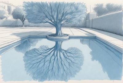 The primary subject of the image is a tree, which is prominently featured in the foreground. The tree is surrounded by a pool of water, creating a serene and peaceful atmosphere. The setting appears to be a garden or a park, with a stone wall visible in the background. The visual style of the image is a combination of digital art and illustration, giving it a unique and artistic appearance. The colors in the image are predominantly blue, which adds to the calming and tranquil mood of the