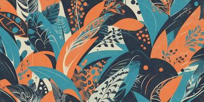 The image features a vibrant and colorful floral pattern, with a mix of orange, blue, and green hues. The primary subject is a close-up of a leaf, surrounded by other leaves and flowers. The setting is a lush, tropical environment, with a blue background that complements the vivid colors of the flora. The visual style is a combination of digital art and illustration, creating a captivating and artistic representation of the floral pattern. The overall atmosphere is lively and energetic