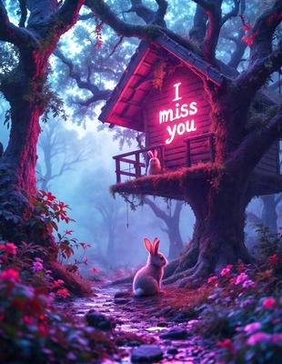 The primary subject of the image is a bunny sitting under a tree. The setting is a forest with a tree and a cabin nearby. The visual style is a digital art, creating a whimsical and surreal atmosphere. The dominant colors are pink and purple, giving the scene a dreamy and magical quality.
