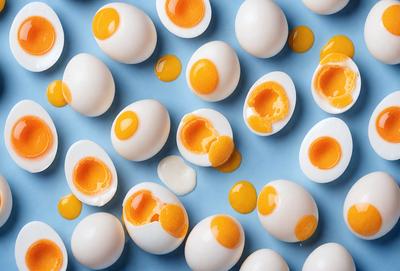 The primary subject of the image is a collection of eggs, with each egg having a yellow yolk. The eggs are arranged on a blue surface, which serves as the setting or background. The visual style of the image is a close-up of the eggs, showcasing their details and textures. The dominant colors in the image are yellow and blue, creating a warm and inviting atmosphere.