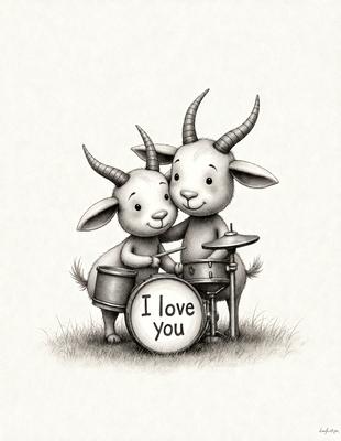 The primary subject of the image is a cartoon drawing of two goats, one on the left and one on the right, playing drums together. They are both holding drumsticks and appear to be enjoying their time together. The setting is a grassy area, and the visual style is a cartoon illustration. The colors are predominantly shades of brown and green, giving the scene a warm and friendly atmosphere.