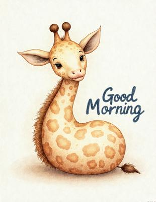 The primary subject of the image is a cute giraffe with a smiling face. The giraffe is sitting on a surface, possibly a table, and appears to be enjoying its time. The setting is a room with a backdrop of a wall. The visual style of the image is a combination of digital art and illustration, creating a whimsical and charming atmosphere. The colors used in the image are predominantly shades of brown and orange, which are typical of a giraffe's natural appearance