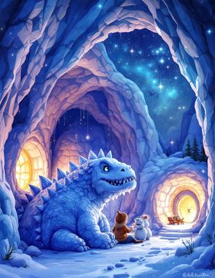 The primary subject of the image is a large blue dinosaur sitting in a snowy environment. The setting includes a cave and a snowy landscape, creating a unique and interesting scene. The visual style of the image is a digital art or illustration, showcasing the dinosaur and the surrounding elements in a creative and imaginative manner. The colors and mood of the image are predominantly blue and cold, giving the scene a sense of wonder and fantasy.