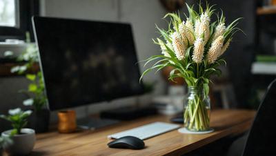 The primary subject of the image is a vase filled with white flowers, placed on a wooden desk. The setting is an office environment, with a computer monitor and keyboard nearby. The visual style is a photo, capturing the details of the flowers and the desk. The colors and mood of the image are predominantly neutral, with the white flowers adding a touch of freshness and natural beauty to the scene.
