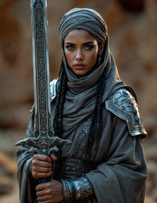 The primary subject of the image is a woman dressed in a gray outfit, holding a sword. She is wearing a headscarf and has long braided hair. The setting is a rocky outdoor environment, with a mountainous background. The visual style is a combination of photo and digital art, creating a dramatic and intense atmosphere. The colors are predominantly gray and brown, with the woman's outfit and the sword being the main focus of the image.