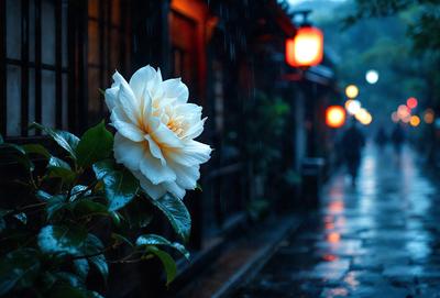 The primary subject of the image is a white flower, which is the main focus of the scene. The setting is a rainy street with a building in the background. The visual style is a photo, capturing the beauty of the flower in the rain. The dominant colors are white and gray, creating a serene and calming atmosphere.