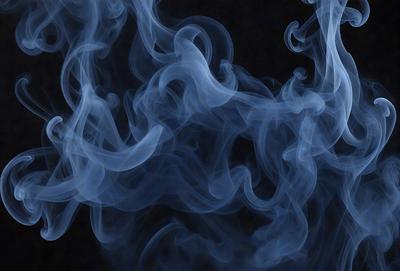 The primary subject of the image is a large, swirling cloud of smoke. The setting is a dark background, which contrasts with the smoke, making it the focal point of the image. The visual style is a close-up of the smoke, emphasizing its texture and movement. The colors and mood of the image are predominantly dark, with the smoke being the only visible element, creating a dramatic and moody atmosphere.