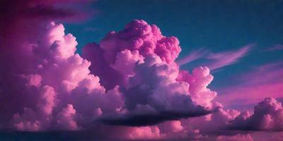 The primary subject of the image is a large, pink cloud with a purple hue. The cloud is floating in a blue sky, creating a striking contrast between the cloud and the sky. The visual style of the image is a combination of photo and digital art, as it appears to be a photo of a painting or a digital illustration. The colors and mood of the image are vibrant and lively, with the pink and purple tones evoking a sense of warmth and tranquility.