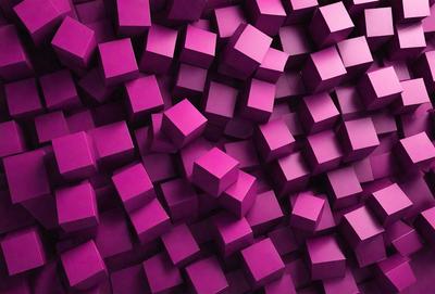 The primary subject of the image is a large, purple wall filled with a pattern of square shapes. The setting is a room with a purple background, and the visual style appears to be a combination of a photo and digital art. The dominant colors are purple and pink, creating a warm and inviting atmosphere.