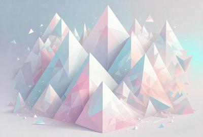The primary subject of the image is a large, three-dimensional mountain made of triangles. The mountain is pink and white, and it is the main focus of the image. The setting is a white background, which provides a clean and minimalist appearance. The visual style is digital art, as the mountain is composed of triangles and has a modern, geometric look. The colors and mood of the image are bright and cheerful, with the pink and white mountain creating a sense of warmth and positivity.