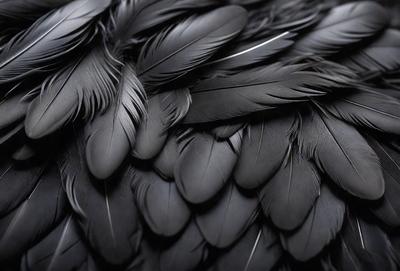 The primary subject of the image is a close-up of a black bird's wing, showcasing its feathers. The setting is a black background, which emphasizes the bird's wing and its details. The visual style is a black and white photo, which adds a classic and timeless feel to the image. The dominant colors are black and white, creating a moody and dramatic atmosphere.