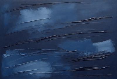 The primary subject of the image is a painting of a blue ocean with waves. The setting is a dark blue background, which creates a moody atmosphere. The visual style is a painting, and the colors are predominantly blue, with some white clouds visible in the scene. The overall mood of the painting is serene and contemplative.