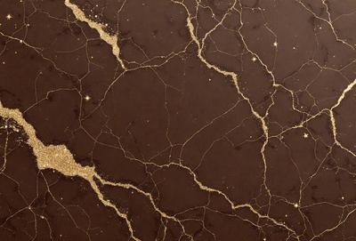 The primary subject of the image is a close-up of a marbled surface with gold streaks. The setting is a dark room, and the visual style appears to be a combination of a photo and digital art. The dominant colors are brown and gold, creating a warm and luxurious atmosphere.