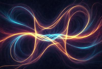 The primary subject of the image is a brightly colored, swirling, and curling pattern of light. The setting is a dark background, which contrasts with the vibrant colors of the light pattern. The visual style appears to be a combination of digital art and illustration, creating a dynamic and captivating scene. The colors and mood of the image are predominantly warm and energetic, with the light pattern emanating a sense of movement and energy.