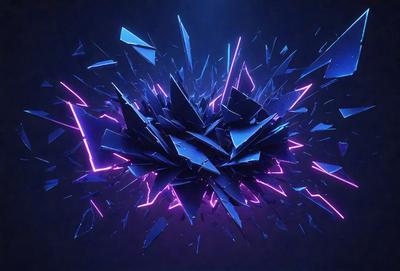 The primary subject of the image is a large, colorful, and abstract arrangement of blue and purple glass pieces. The setting is a dark background, which contrasts with the vibrant colors of the glass pieces. The visual style is a combination of digital art and illustration, creating a unique and eye-catching design. The dominant colors are blue and purple, giving the image a calming and serene atmosphere.