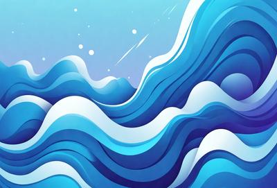 The primary subject of the image is a large, blue wave with white caps. The wave is the main focus of the image, and it is set against a blue sky. The visual style of the image is digital art, as it appears to be a computer-generated or digitally rendered scene. The dominant colors in the image are blue and white, creating a serene and calming atmosphere.