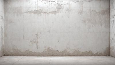 The primary subject of the image is a large, white, cement wall with a peeling paint surface. The setting is a room with a concrete floor. The visual style is a photo, and the colors and mood are predominantly neutral, with a slightly aged and worn appearance.