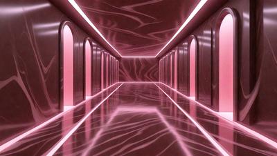The primary subject of the image is a long, narrow hallway with a pink color scheme. The setting is a dark room with a red floor, and the visual style appears to be a combination of a photo and digital art. The colors and mood of the image are predominantly pink and dark, creating a moody and mysterious atmosphere.