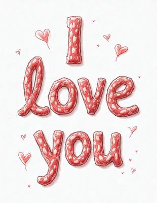 The primary subject of the image is a heart-shaped sign that says "I Love You." The setting is a white background, and the visual style is a hand-drawn illustration. The colors are predominantly red and pink, creating a warm and affectionate atmosphere.