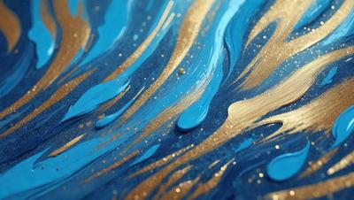 The primary subject of the image is a painting of a wave, featuring a mix of blue, gold, and white colors. The setting is a canvas, and the visual style appears to be a combination of digital art and illustration. The dominant colors and overall atmosphere suggest a sense of movement and energy, as the wave is depicted in a dynamic and vibrant manner.