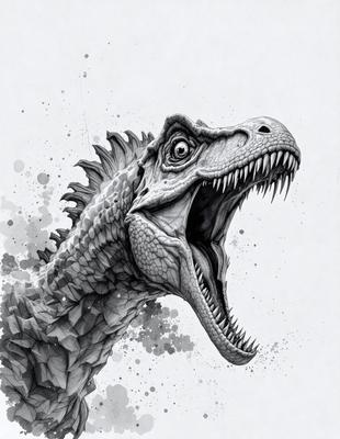 The primary subject of the image is a large, open mouth of a dinosaur. The setting is a white background, and the visual style is a detailed drawing or illustration. The colors and mood of the image are predominantly dark, with the dinosaur's mouth being the main focal point.