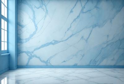 The primary subject of the image is a marble wall with a blue tint. The setting is a room with a blue tiled floor. The visual style is a photo of the marble wall, showcasing its texture and color. The dominant colors are blue and white, creating a calm and sophisticated atmosphere.