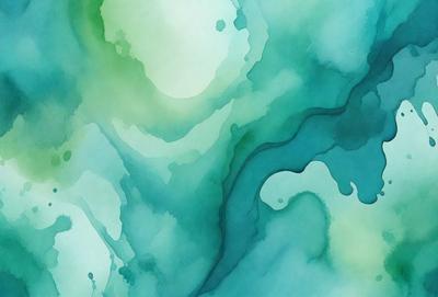 The primary subject of the image is a painting of a blue and green water-like scene. The setting is a painting, and the visual style is artistic. The dominant colors in the painting are blue and green, creating a serene and calming atmosphere.