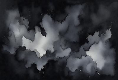The primary subject of the image is a black and white painting of a cloudy sky. The setting is a dark background, which contrasts with the cloudy sky. The visual style is a painting, and the colors and mood are predominantly dark and moody.