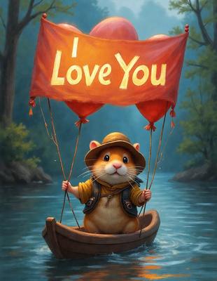 The primary subject of the image is a small mouse, dressed in a hat and vest, sitting in a boat. The mouse is holding a sign that reads "I love you." The setting is a body of water, with a forest visible in the background. The visual style is a digital art illustration, featuring a cute and whimsical scene. The dominant colors are shades of brown and orange, creating a warm and inviting atmosphere.