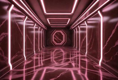 The primary subject of the image is a long, narrow hallway with a pink floor. The setting is a futuristic environment, possibly a space station or a futuristic building. The visual style is a combination of photo and digital art, creating a unique and intriguing atmosphere. The dominant colors are pink and purple, giving the hallway a futuristic and surreal appearance.