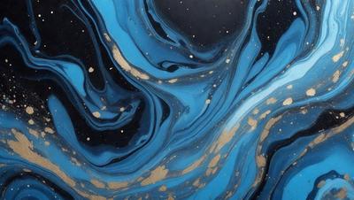 The primary subject of the image is a blue and gold swirling pattern, which appears to be a digital art or illustration. The setting is a black background, and the visual style is a mix of digital art and illustration. The dominant colors are blue and gold, creating a sense of depth and richness in the artwork.